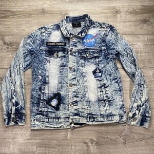 WT02 NASA Denim Jacket Mens Medium Blue Acid Wash Space Explorer‎ Patch Jacket